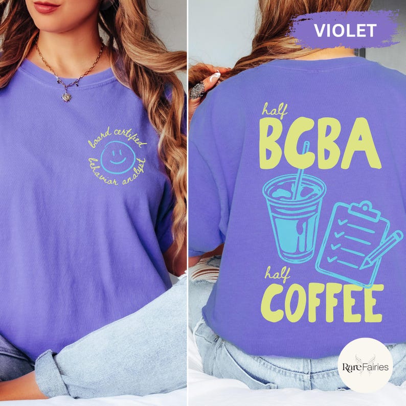 Funny BCBA coffee shirt with half BCBA half coffee design, featuring iced coffee cup and clipboard graphics on Comfort Colors tee for ABA therapists and behavior analysts