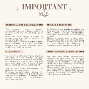 May include: A cream-colored graphic with the text "IMPORTANT info" at the top. Below, the graphic is divided into sections detailing order changes, returns, size guides, and print methods. The text provides information about the product and ordering process.