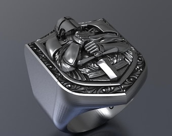 Handmade Crusader Knight Sterling Silver Signet Ring - Oxidized Templar Jewelry