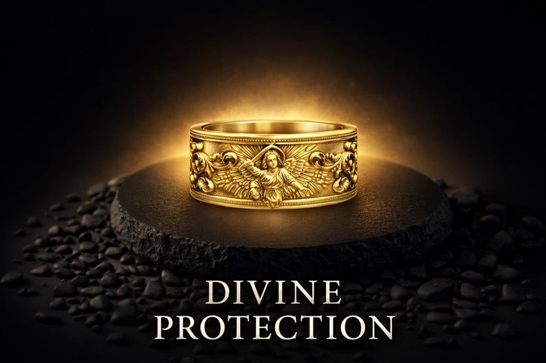 Puede incluir: Un anillo dorado con un dise&ntilde;o grabado que presenta una figura de &aacute;ngel y motivos florales. El anillo se exhibe sobre una superficie oscura y texturizada con las palabras "DIVINE PROTECTION" debajo. El anillo est&aacute; iluminado con una luz c&aacute;lida.