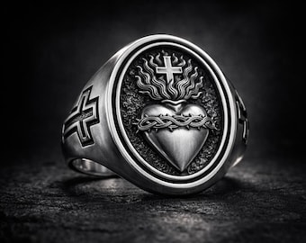 Anillo cristiano con el Sagrado Corazón de Jesús en plata de ley, regalo religioso personalizado, chapado en oro auténtico, emblema cristiano.
