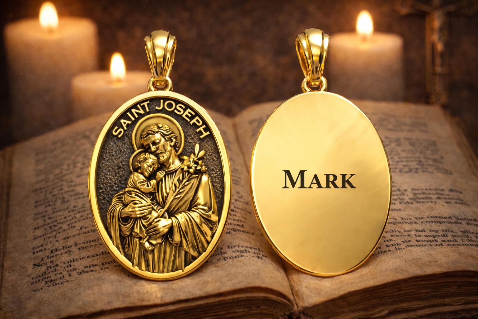 Ciondolo Medaglione San Giuseppe Oro Giallo 10k – Goldum NYC – Nuovo In Confezione