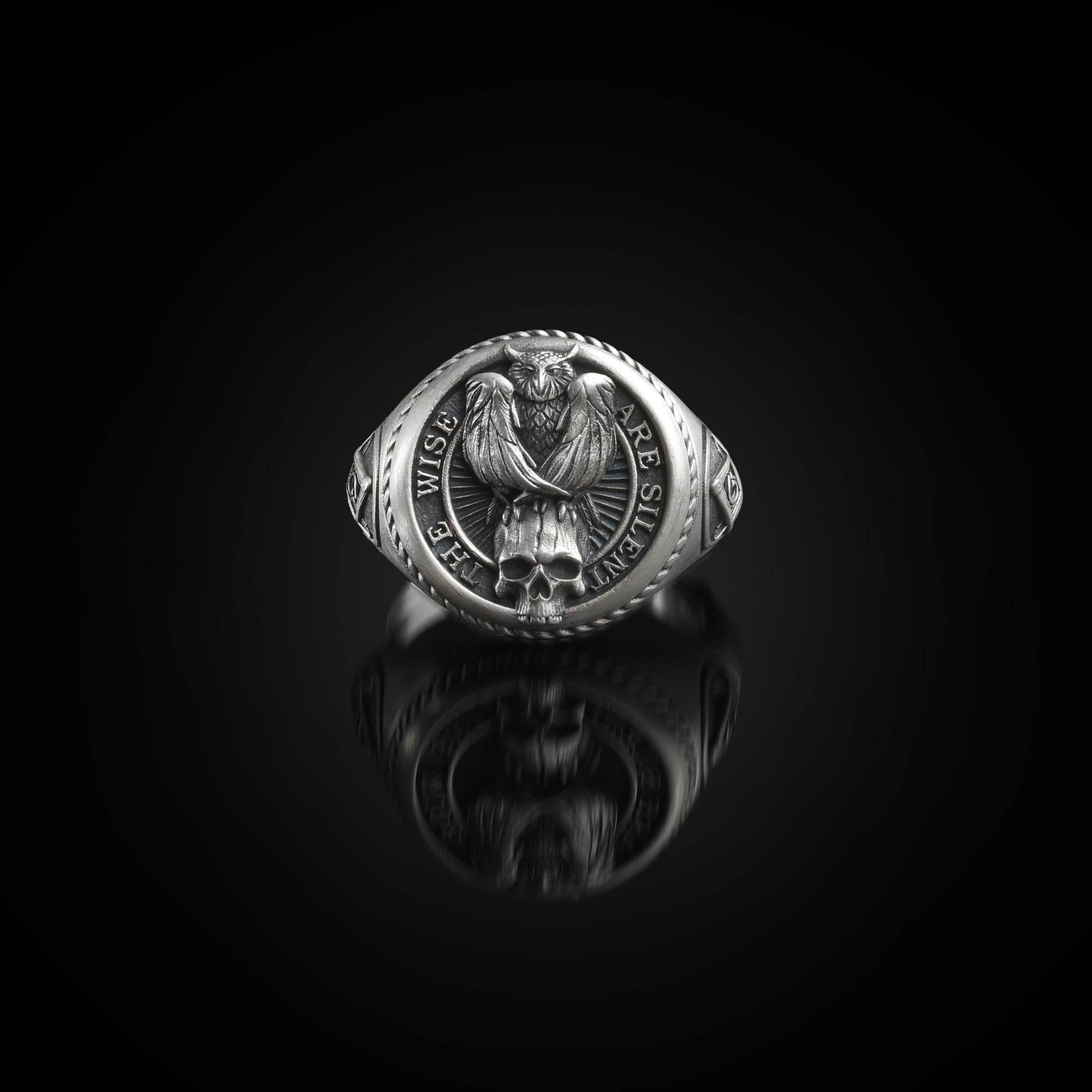 Handmade Sterling Silver Owl Ring: Gothic Signet, Memento Mori