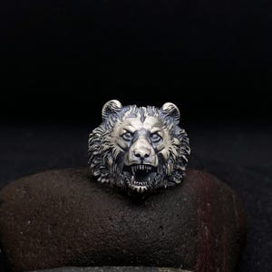Handmade Sterling Silver Roaring Bear Ring: Oxidized Signet
