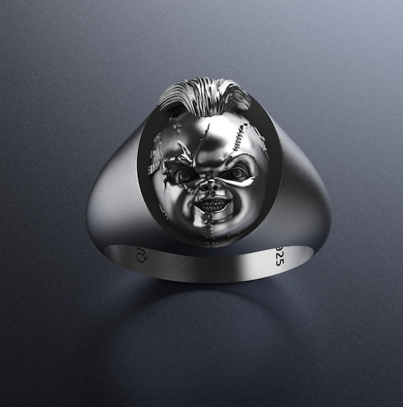 Oxidized Sterling Silver Horror Ring: Scary Doll Face