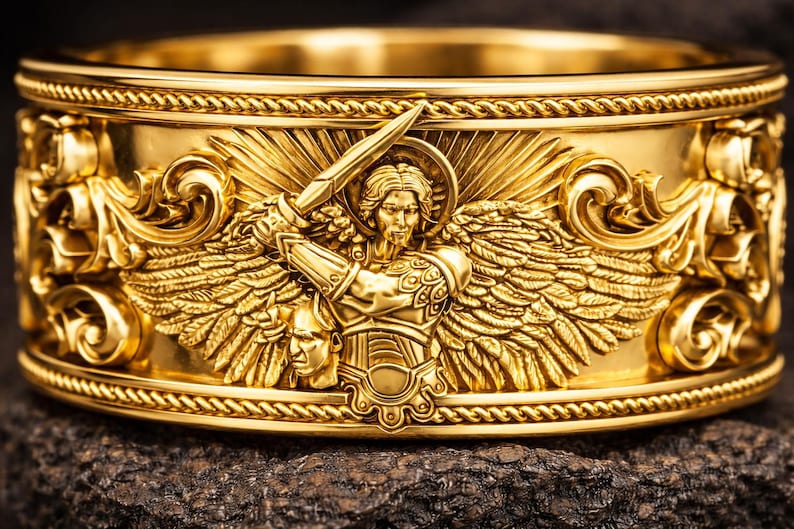 Anillo del Arcángel San Miguel, joyería de plata de ley con espada de ángel guerrero y cabeza de demonio. imagen 6