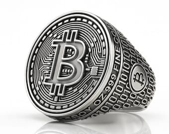 Personalized Bitcoin Signet Ring – Oxidized Sterling Silver Crypto Jewelry