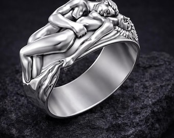Anillo de pareja abrazado de plata de ley oxidada: Regalo de joyería romántica