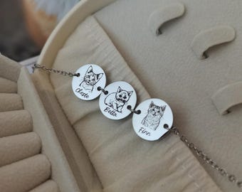 Custom Pet Portrait Bracelet: Engraved Line Drawing Charm, Memorial Jewelry