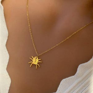 Op de afbeelding: Een goudkleurige spinnenhangerketting. De hanger is een gestileerde spin met meerdere poten en een kleine letter "A" in het midden. De ketting heeft een fijne, goudkleurige ketting.