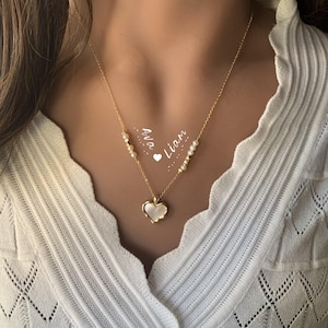 Collar con código Morse de perlas de alto brillo, colgante de corazón de concha, regalo personalizado para parejas