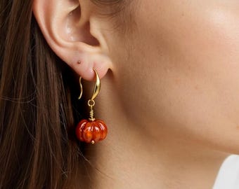 Red Jade Pumpkin Earrings: 14K Gold Halloween Jewelry