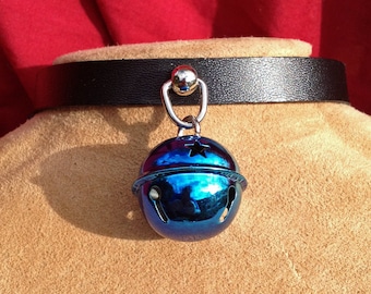 Small Shiny 1 inch Dark Blue  Bell on Black Leather Choker