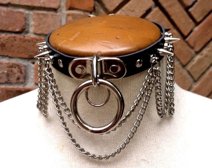 Spiked Leather Choker Collar with Chains and O-Ring, Gothic Punk Chain Necklace, Custom Sizing
