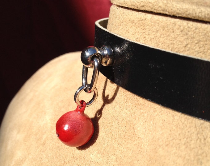 Tiny Red Bell on Black Leather Choker