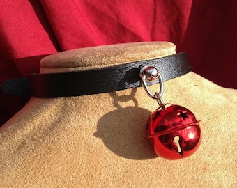 Small Shiny 1 inch Red Bell on Black Leather Choker