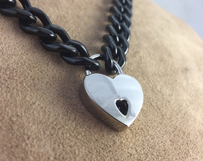 Black Stainless Steel Chain Choker with Heart Padlock