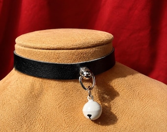 Tiny Ivory Colored Bell on Black Leather Choker