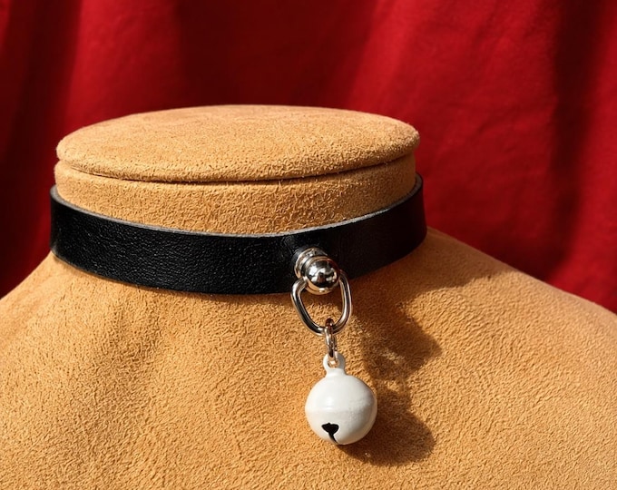 Tiny Ivory Colored Bell on Black Leather Choker
