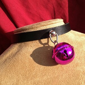 Small Shiny 1 inch Fuchsia Bell on Black Leather Choker