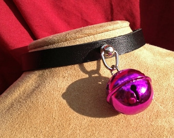 Small Shiny 1 inch Fuchsia Bell on Black Leather Choker