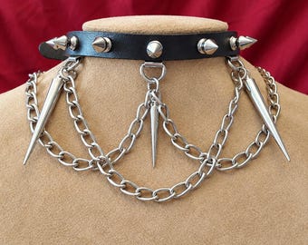 Spiked Leather Chain Choker, Black Goth Punk Collar, D Ring Necklace, Heavy Metal Alternative Choker, Handmade in Texas