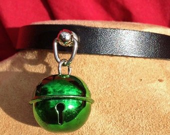 Small Shiny 1 inch Dark Green Bell on Black Leather Choker