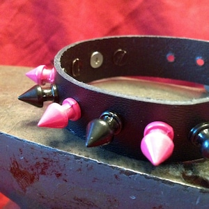 Pink and Black Spiked Leather Cuff