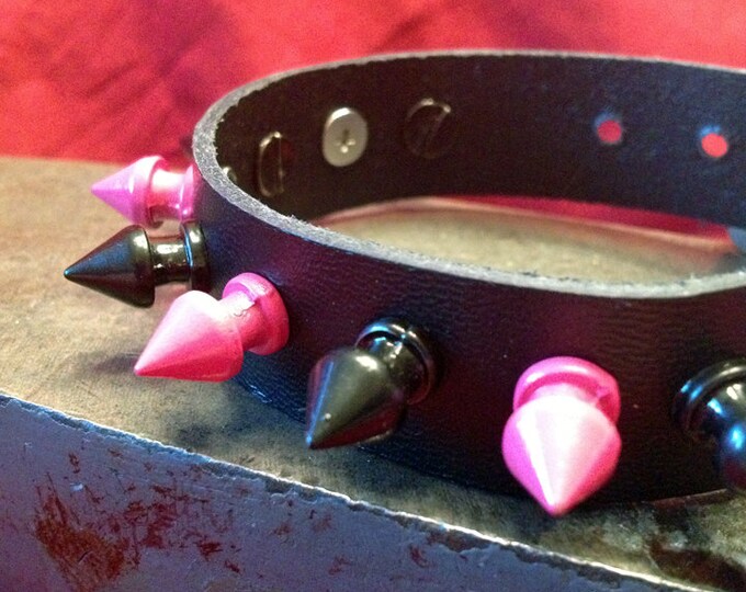 Pink and Black Spiked Leather Cuff