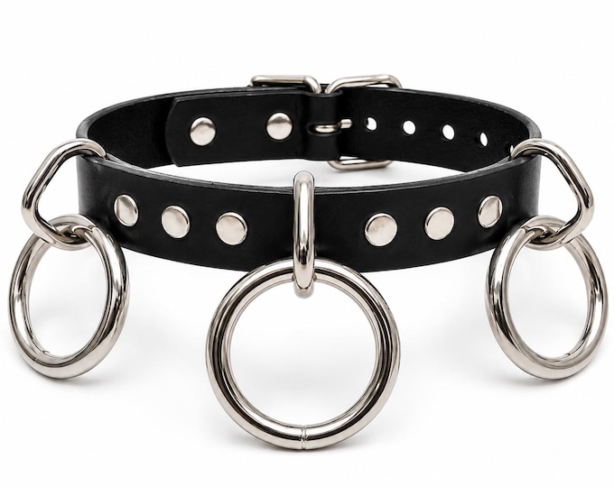 Multi-Ring Leather Choker, Stainless Steel Hardware, Gothic Punk O-Ring Collar, Custom Sizing, Handmade Texas