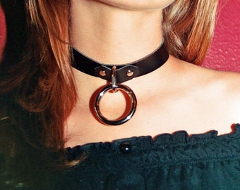 Medium Black Leather Collar with Stainless Steel Bondage Ring