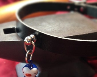 Cute Penguin  Bell on Black Leather Choker