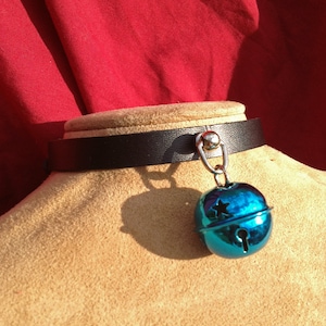 Small Shiny 1 inch Blue  Bell on Black Leather Choker