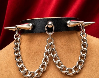 Double Chain Leather Choker, Spiked Goth Punk Collar, D Ring Heavy Metal Necklace, Alternative Choker, Handmade in Texas