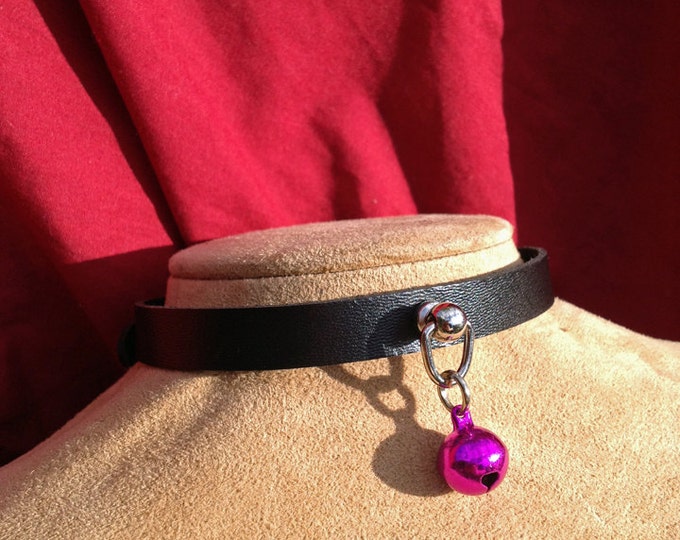 Tiny Fuchsia Hot Pink Bell on Black Leather Choker