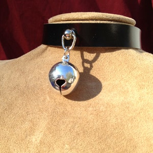 Medium Shiny Silver Colored  Bell on Black Leather Choker