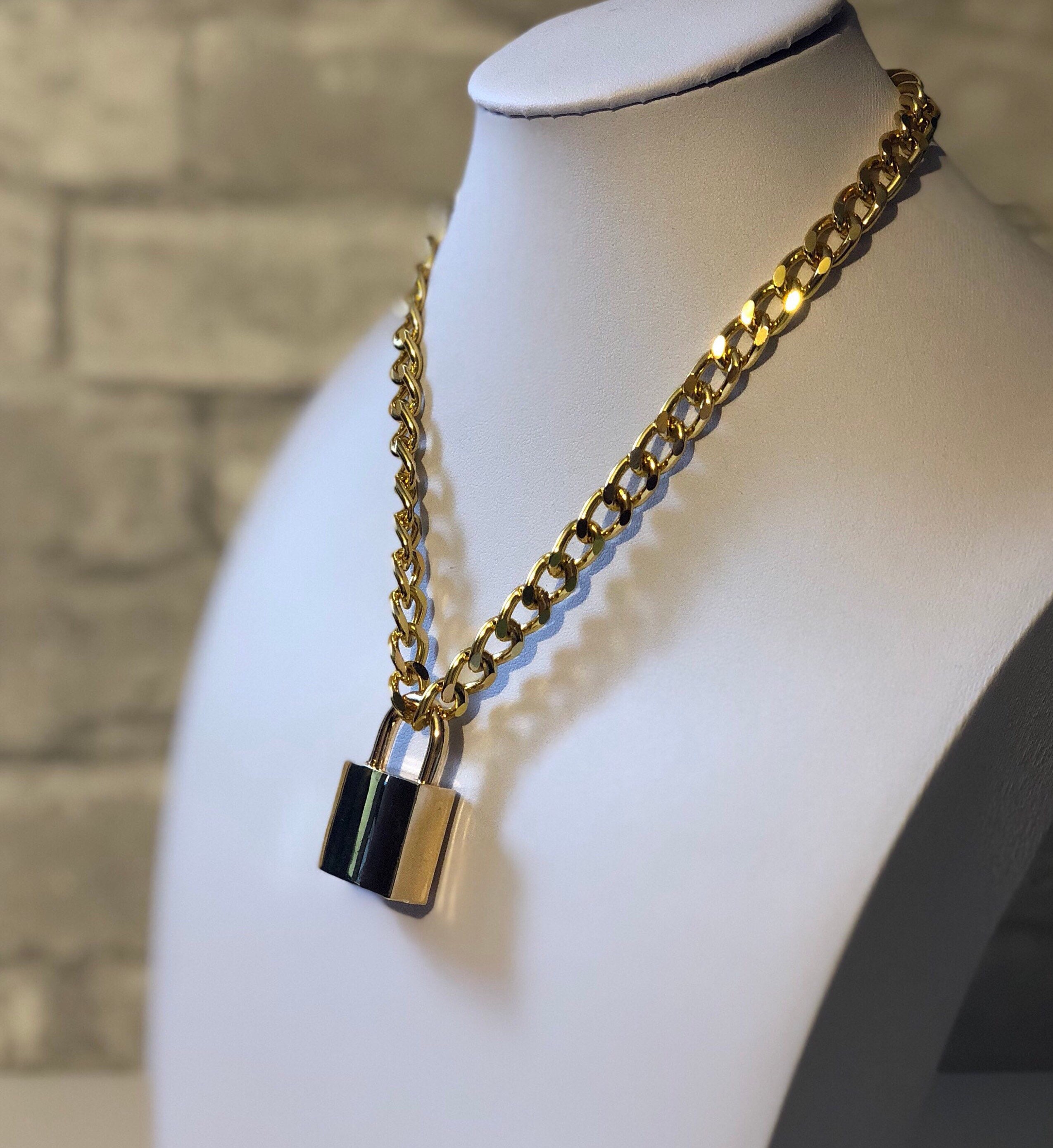 Gold Colored Padlock Necklace Chain Necklace with Large Gold Colored Lock
