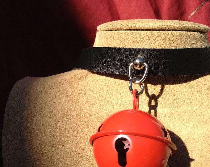 Medium Red  Bell on Black Leather Choker