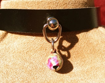 Super Tiny Pastel "Tie Dyed" Bell on Black Leather Choker