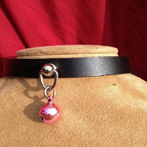 Tiny Light Pink Bell on Black Leather Choker