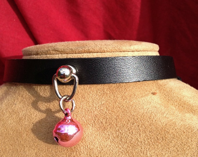 Tiny Light Pink Bell on Black Leather Choker