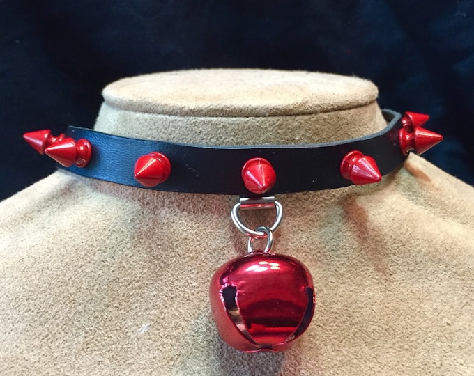 Red Jingle Bell on Red Spiked Leather Choker