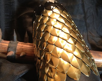 Brass Dragon Scale Bracer, Black Leather Arm Guard, Fantasy Armor Cuff, Ren Faire LARP Cosplay, Custom sizing, Handmade in Texas
