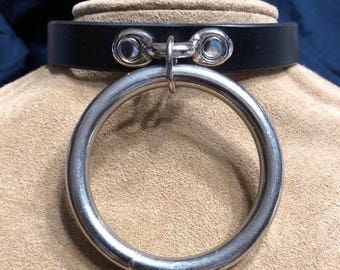 Leather Collar with Large 2 inch Stainless Steel Ring.