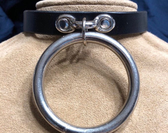 Leather Collar with Large 2 inch Stainless Steel Ring.