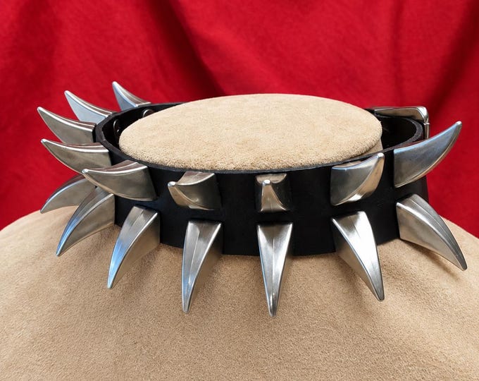 Handmade Leather Spiked Collar: Metal Talon Design, Custom Sizing, Plus Size Available