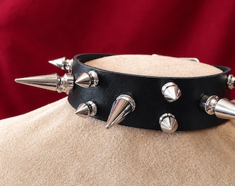 Wide Spiked Leather Choker, Double Row Goth Punk Collar, Black Heavy Metal Necklace, Custom Size, Handmade in Texas