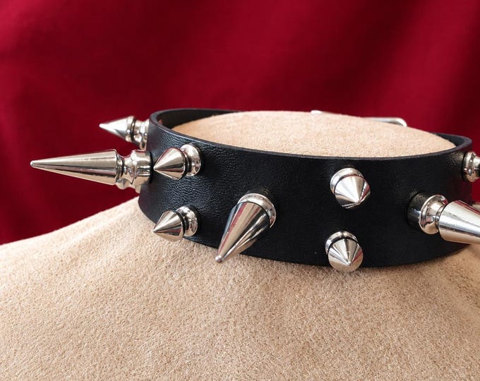 Wide Spiked Leather Choker, Double Row Goth Punk Collar, Black Heavy Metal Necklace, Custom Size, Handmade in Texas