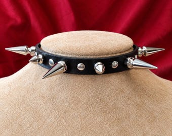 Spiked Leather Choker, Black Goth Punk Collar, Narrow Leather Spike Necklace, Alternative Metal Choker, Handmade in Texas