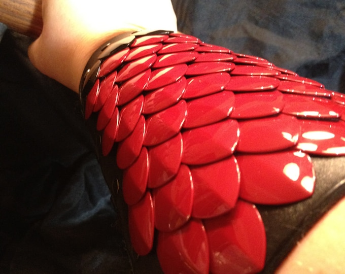 Red Dragon Scale Bracer, Black Leather Arm Guard, Fantasy Armor Cuff, Ren Faire LARP Cosplay, Handmade Dragon Bracer